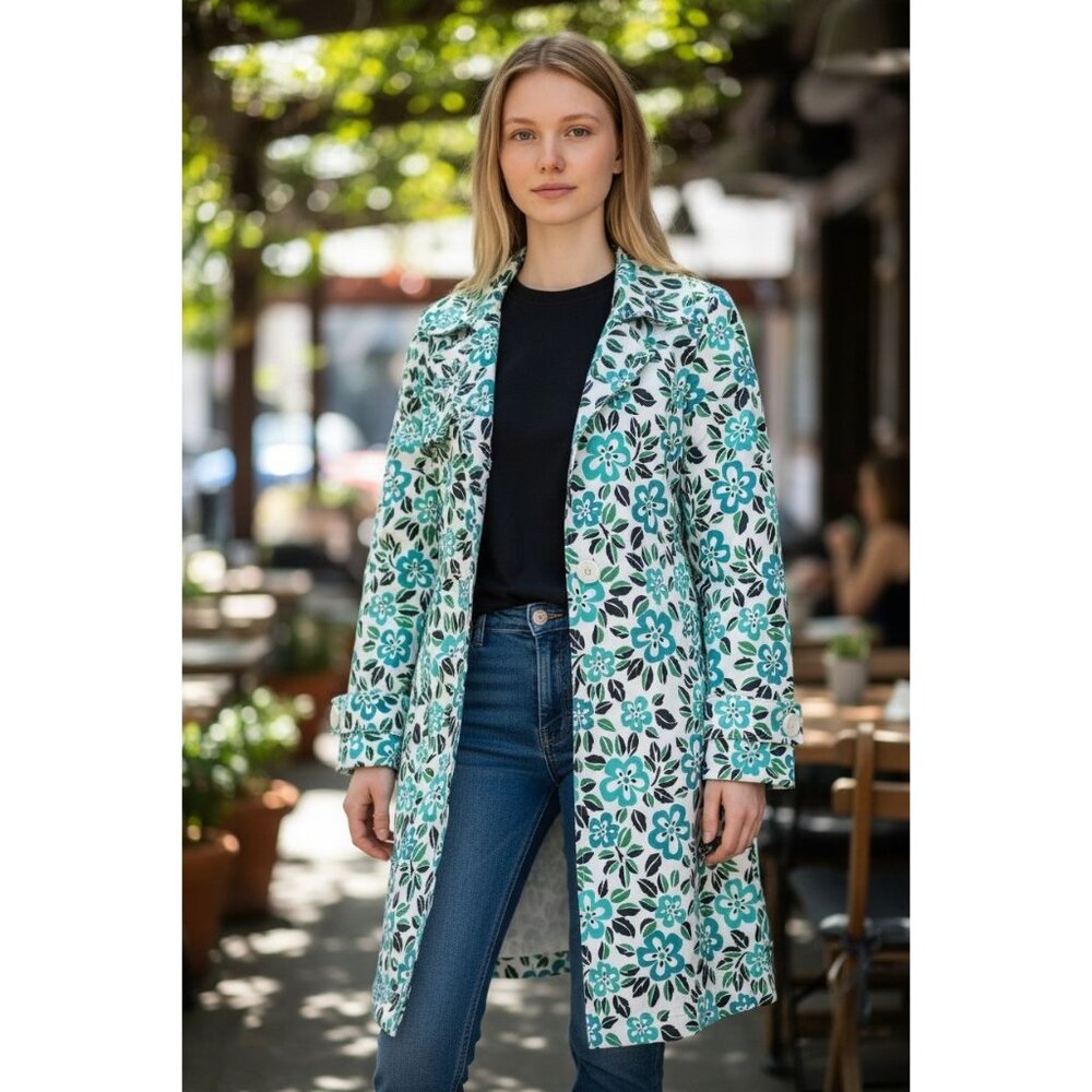 Bill Blass Womens S Floral White Blue Black Long Trench Coat Buttons Cotton